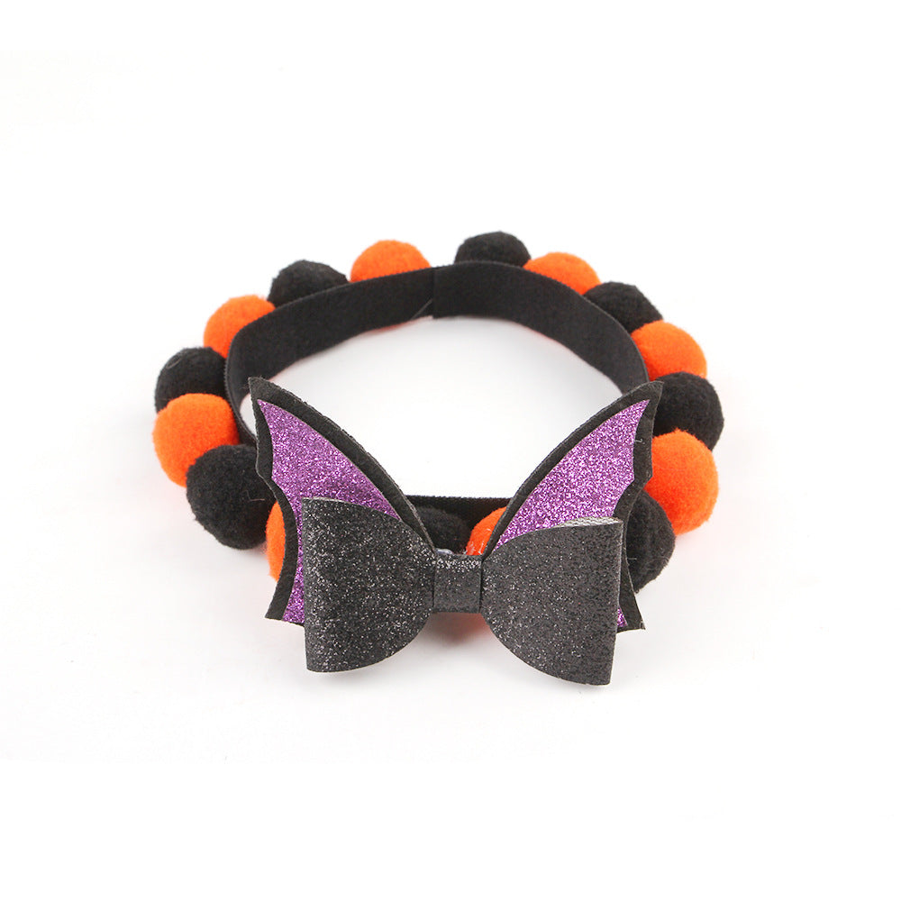 Halloween Pom-Pom Pet Collar – Purple Bat Bow