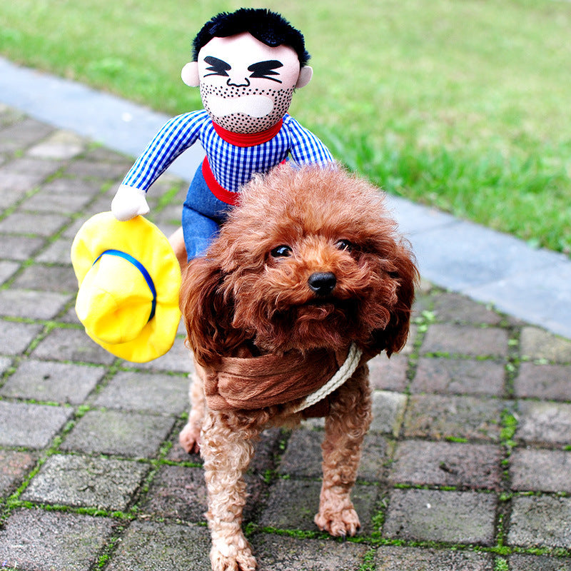 Cowboy Rider Dog Costume – plush cowboy riding on a poodle