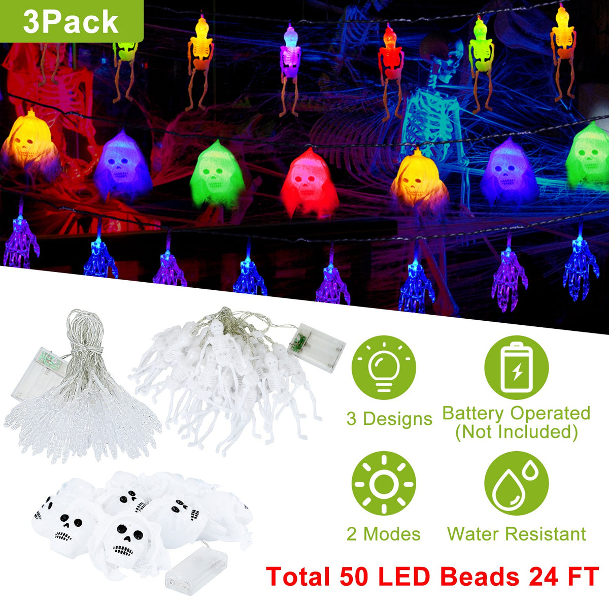 Halloween Skeleton, Skull & Hand String Lights – set overview: 3 designs, 50 LEDs, 24 ft