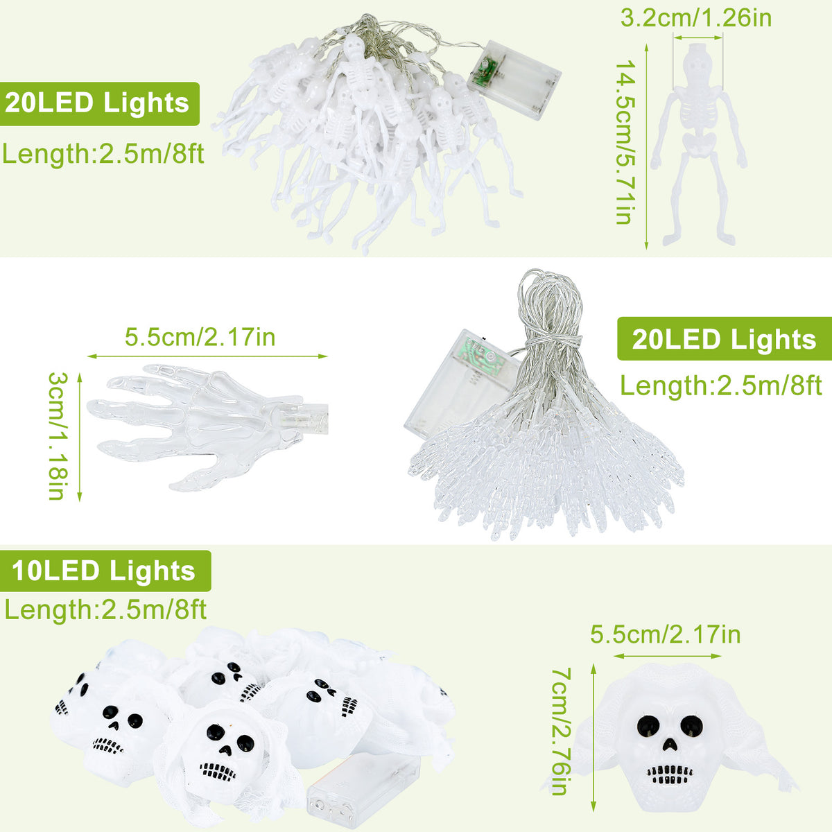 Halloween Skeleton, Skull & Hand String Lights – string and bulb sizes
