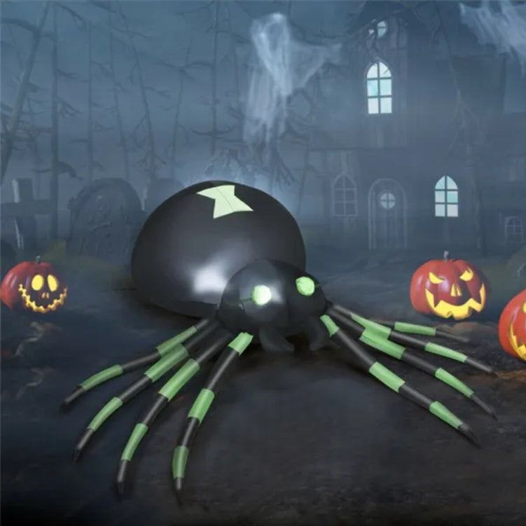 6 ft Inflatable Halloween Spider – lit up at night with pumpkins