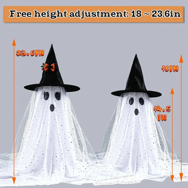 Light-Up Witch Hat Ghosts – adjustable height, about 18 to 23.6 in