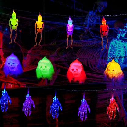 Halloween Skeleton, Skull & Hand String Lights – all three strings lit in four colors
