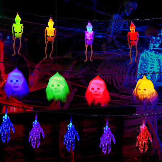 Halloween Skeleton, Skull & Hand String Lights – all three strings lit in four colors