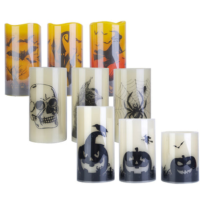 Halloween LED Candles with Timer – all three designs: pumpkins, spider-crow-skull and witch-bat-castle