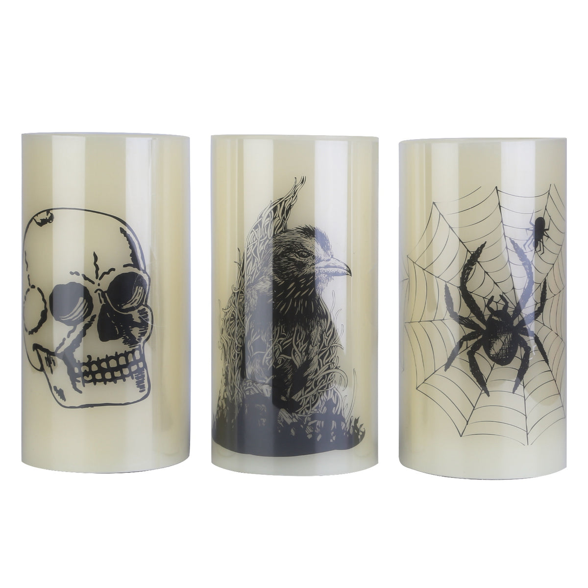 Halloween LED Candles with Timer – Spider, Crow & Skull set