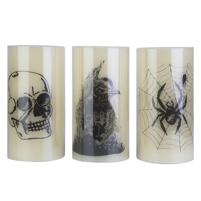 Halloween LED Candles with Timer – Spider, Crow & Skull set