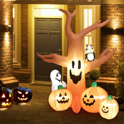 8 ft Inflatable Haunted Tree – lit up by a front door at night