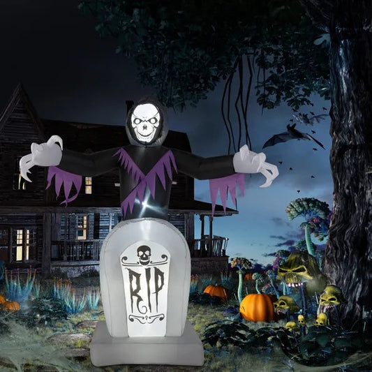6 ft Inflatable Grim Reaper & Tombstone – lit up in a yard at night