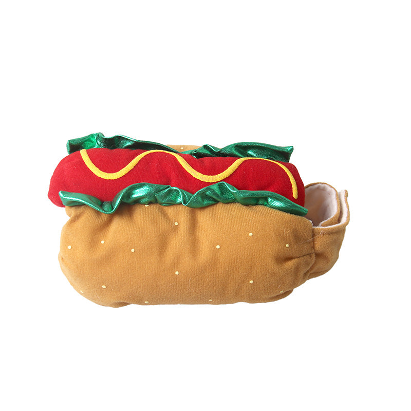 Hot Dog Pet Costume – plush bun with mustard and lettuce trim