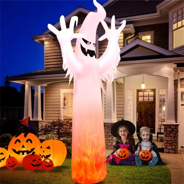 12 ft Inflatable Ghost – glowing in front of a house at night