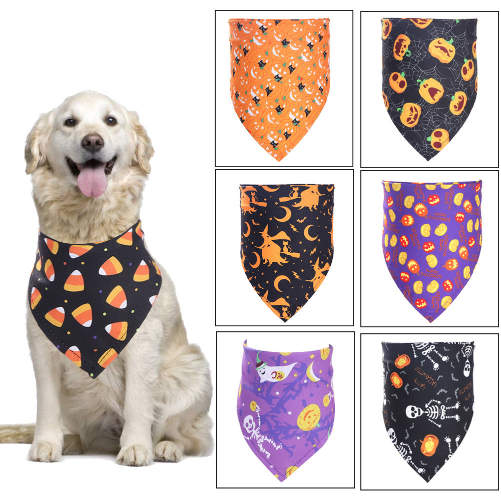 Halloween Pet Bandana – dog wearing the Candy Corn print, with six more prints