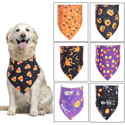 Halloween Pet Bandana – dog wearing the Candy Corn print, with six more prints