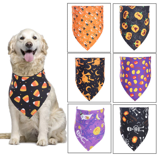 Halloween Pet Bandana – dog wearing the Candy Corn print, with six more prints
