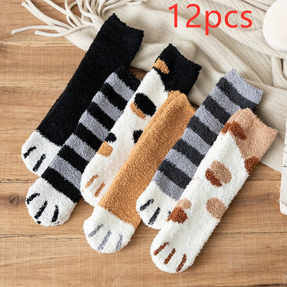 Cat Paw Fleece Socks – 12pcs a set