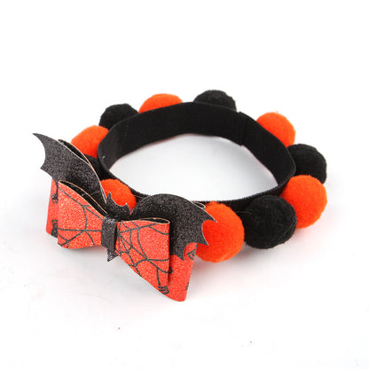 Halloween Pom-Pom Pet Collar – Orange Web Bow close-up