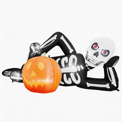 7 ft Inflatable Lying Skeleton – lit up with glowing eyes and pumpkin