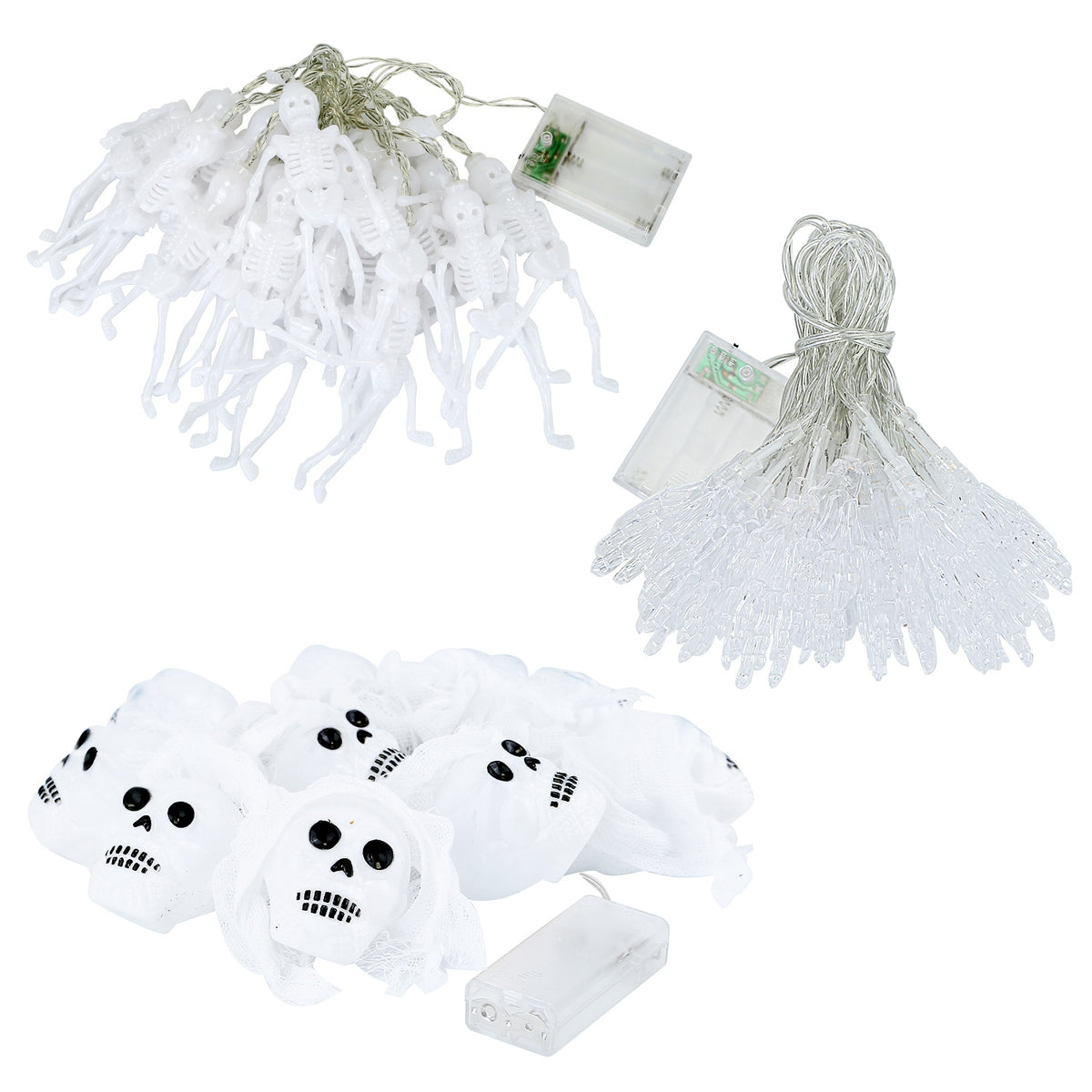 Halloween Skeleton, Skull & Hand String Lights – three strings unlit