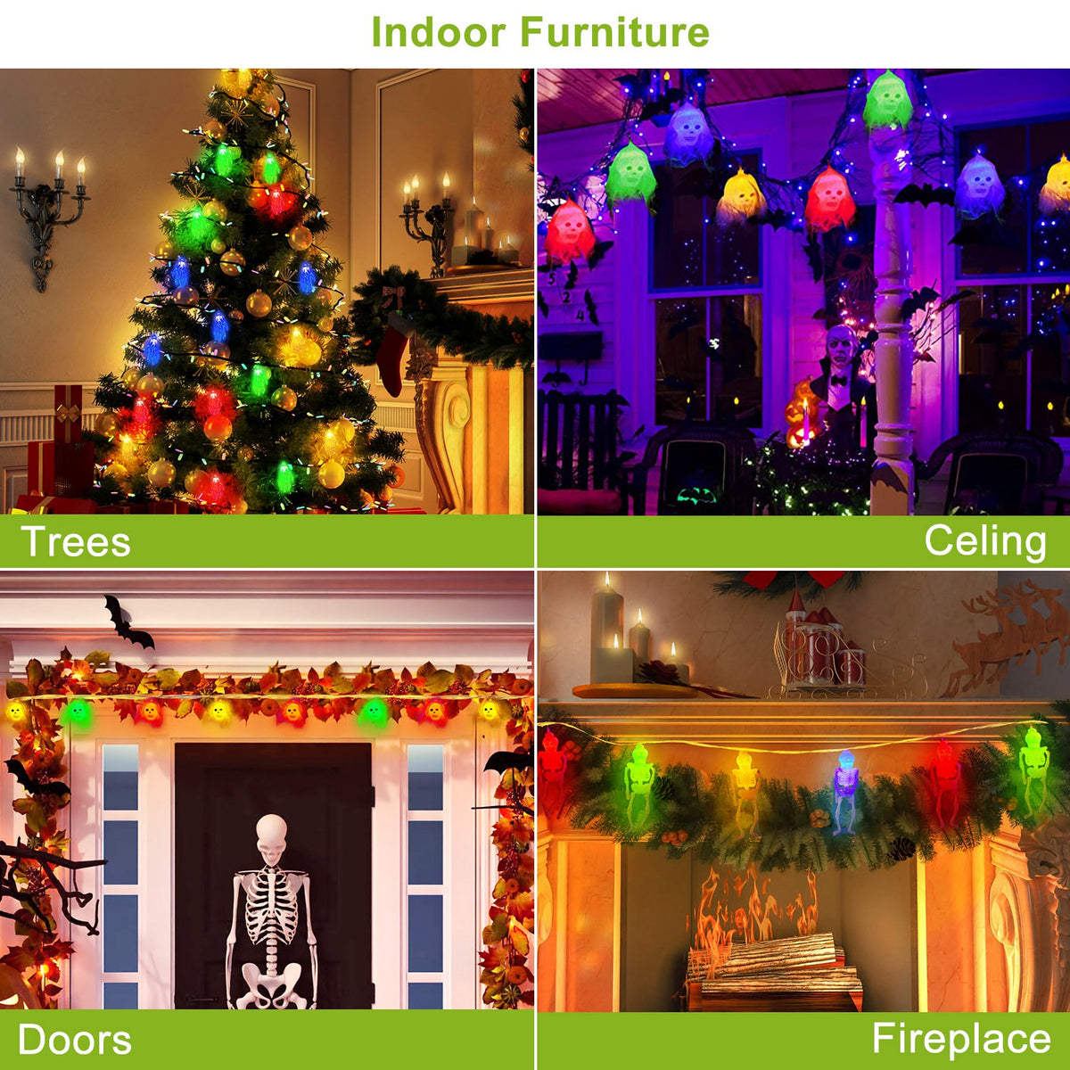 Halloween Skeleton, Skull & Hand String Lights – on trees, ceilings, doors and a fireplace
