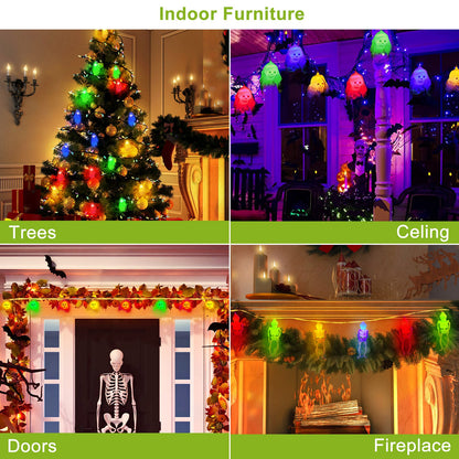 Halloween Skeleton, Skull & Hand String Lights – on trees, ceilings, doors and a fireplace