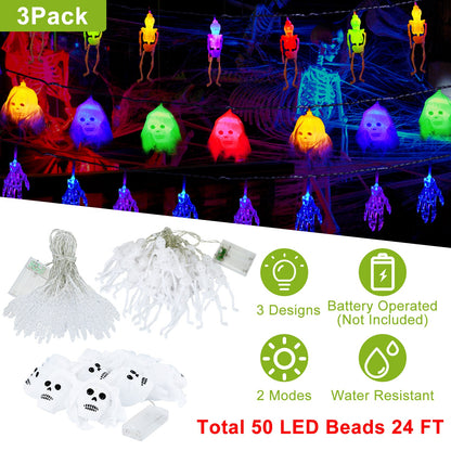 Halloween Skeleton, Skull & Hand String Lights – set overview: 3 designs, 50 LEDs, 24 ft
