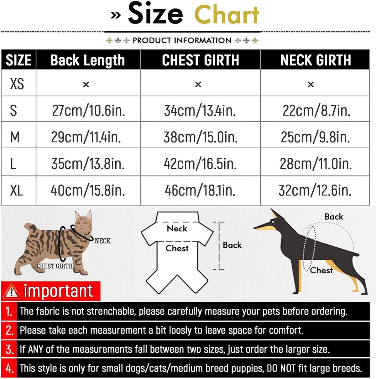 Glow-in-the-Dark Skeleton Pet Costume – size chart S to XL