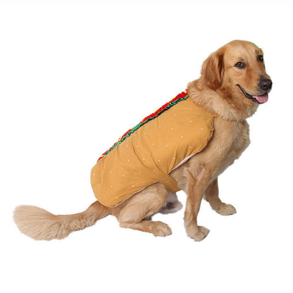 Hot Dog Pet Costume on a smiling golden retriever