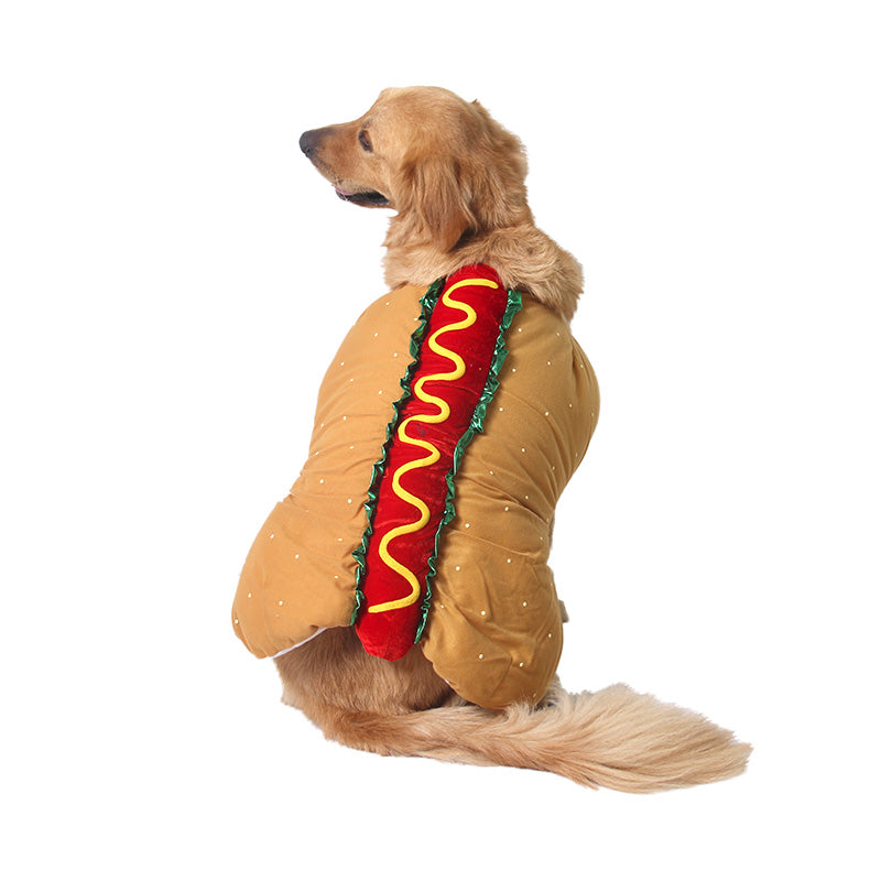 Hot Dog Pet Costume – side view on a golden retriever