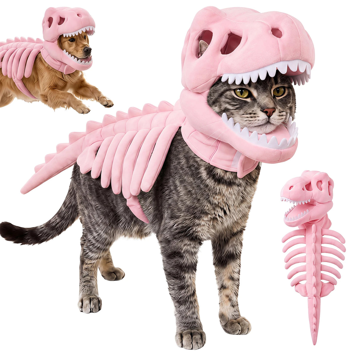 Dinosaur Skeleton Pet Costume in pink worn by a cat