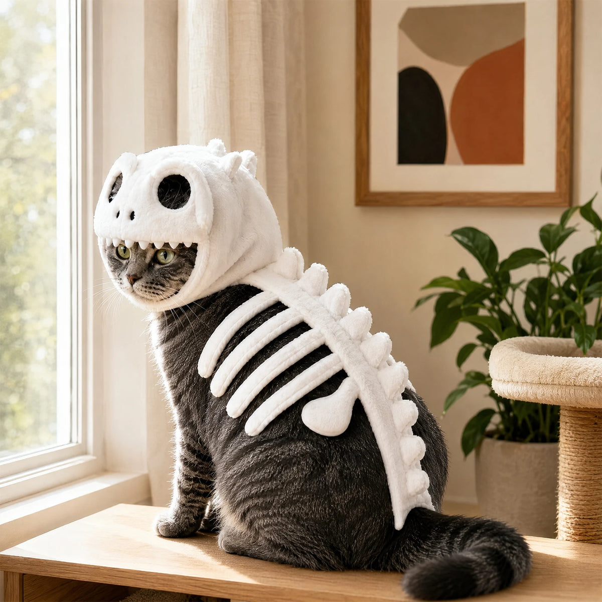Dinosaur Skeleton Pet Costume in white worn by a cat