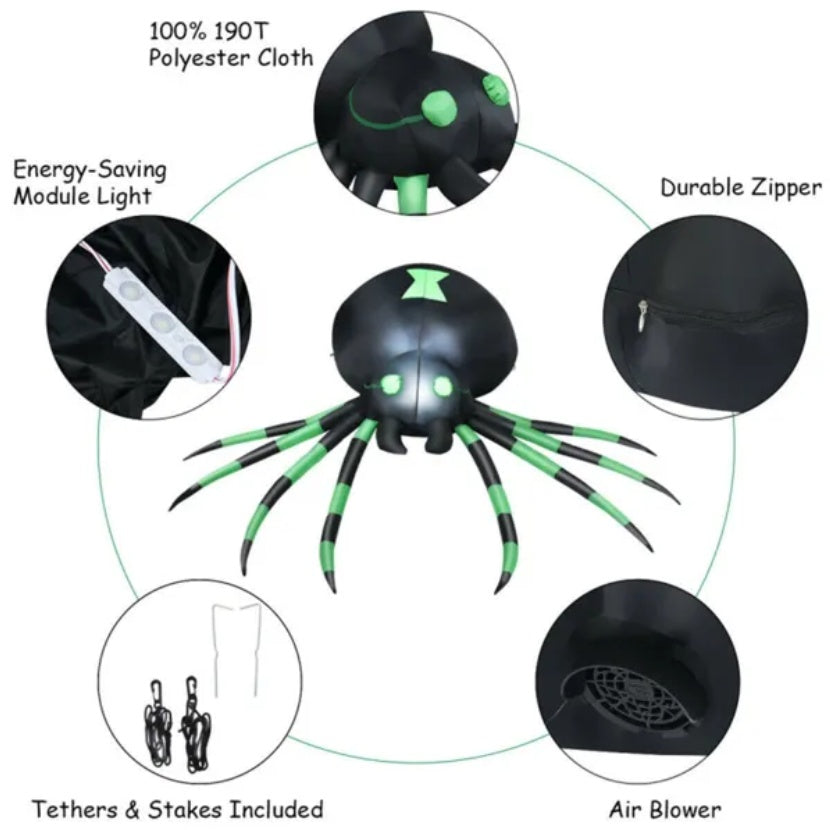 6 ft Inflatable Halloween Spider – blower, LED light, zipper, ropes and stakes