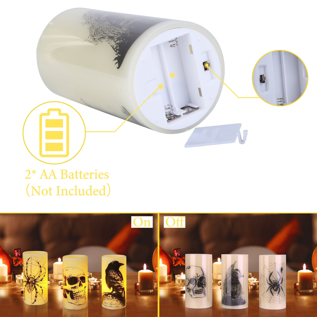 Halloween LED Candles with Timer – battery compartment for 2 AA batteries, not included