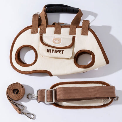Horizontal Pet Carrier Bag – Cream & Brown with shoulder strap