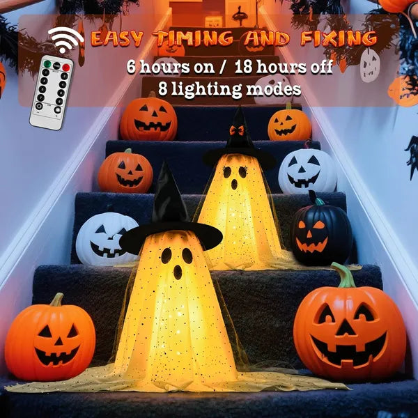 Light-Up Witch Hat Ghosts – remote, timer and 8 light modes