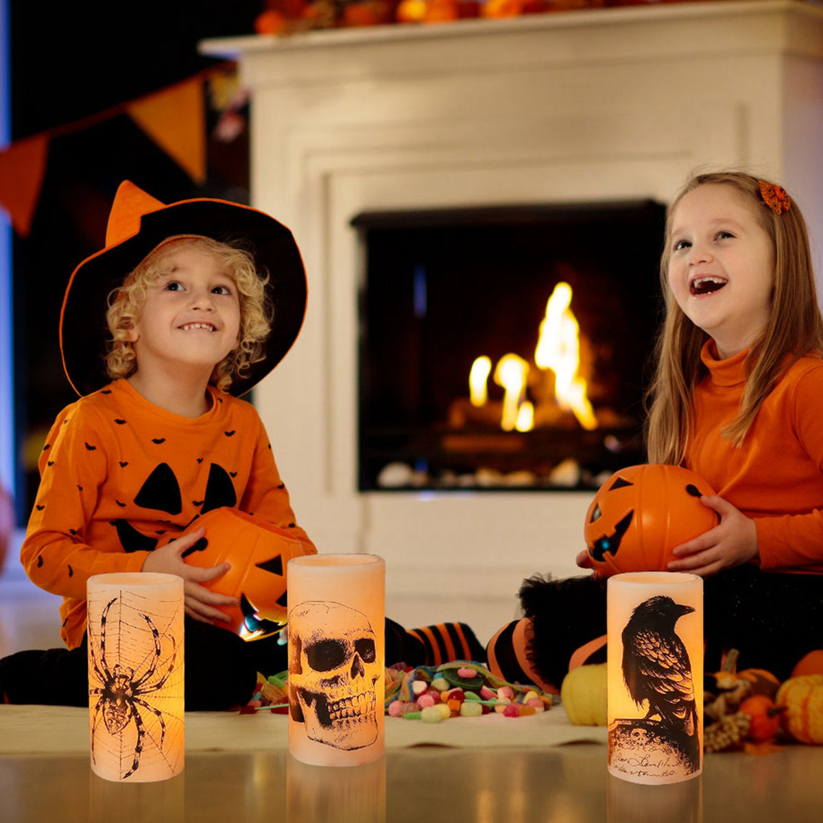 Halloween LED Candles with Timer – lit candles with kids by the fireplace