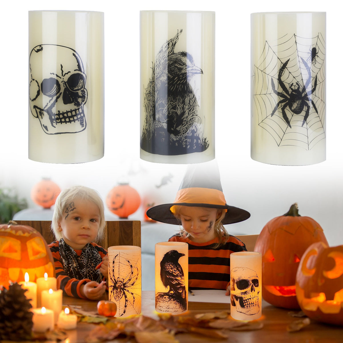 Halloween LED Candles with Timer – skull, crow and spider candles on a party table
