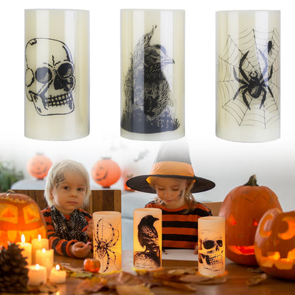 Halloween LED Candles with Timer – skull, crow and spider candles on a party table