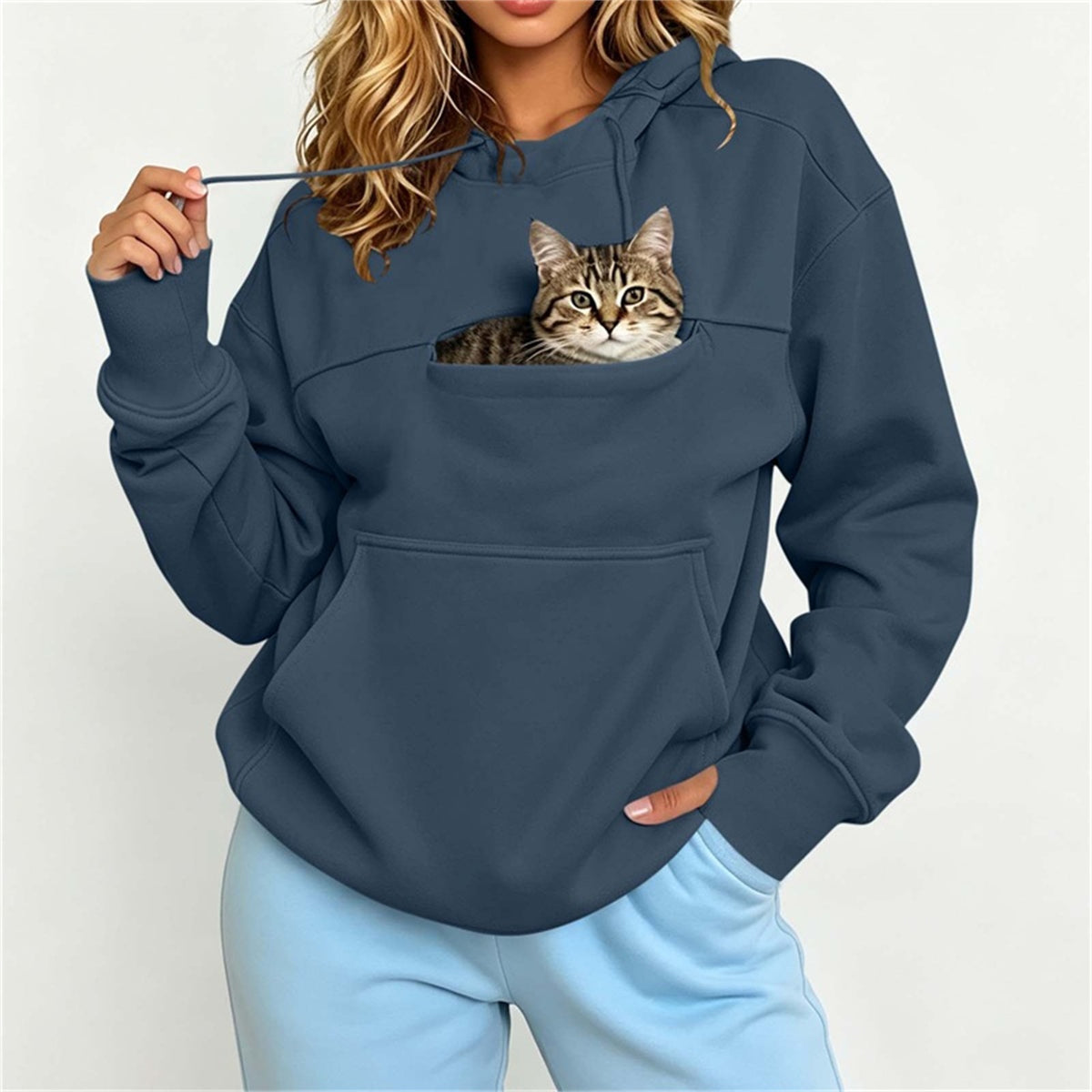 Cat Pocket Hoodie for Cat Lovers – Navy Blue