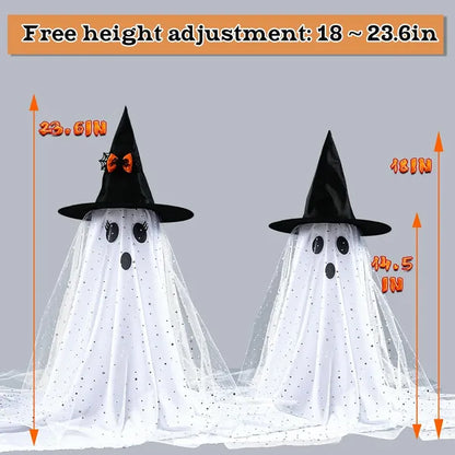 Light-Up Witch Hat Ghosts – adjustable height, about 18 to 23.6 in