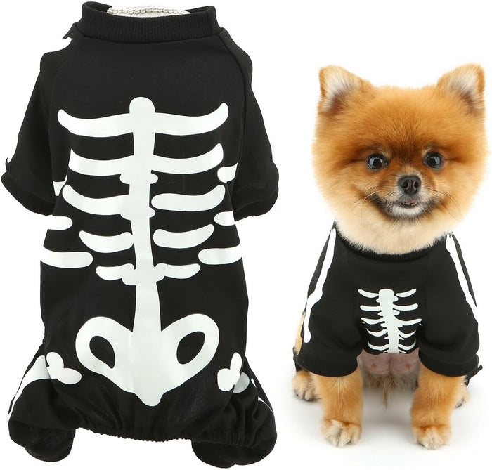 Glow-in-the-Dark Skeleton Pet Costume – jumpsuit and Pomeranian wearing it