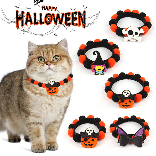 Halloween Pom-Pom Pet Collar – cat wearing the pumpkin collar, with all styles